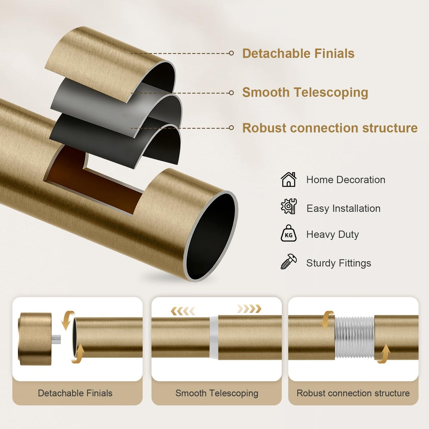 Warm Gold Brass Curtain Rod 36-144 Inches Adjustable, 1" Diameter Heavy Duty Window Rod with Solid Aluminum Finials & Heavy Duty Brackets for Bedroom Living Room Kitchen
