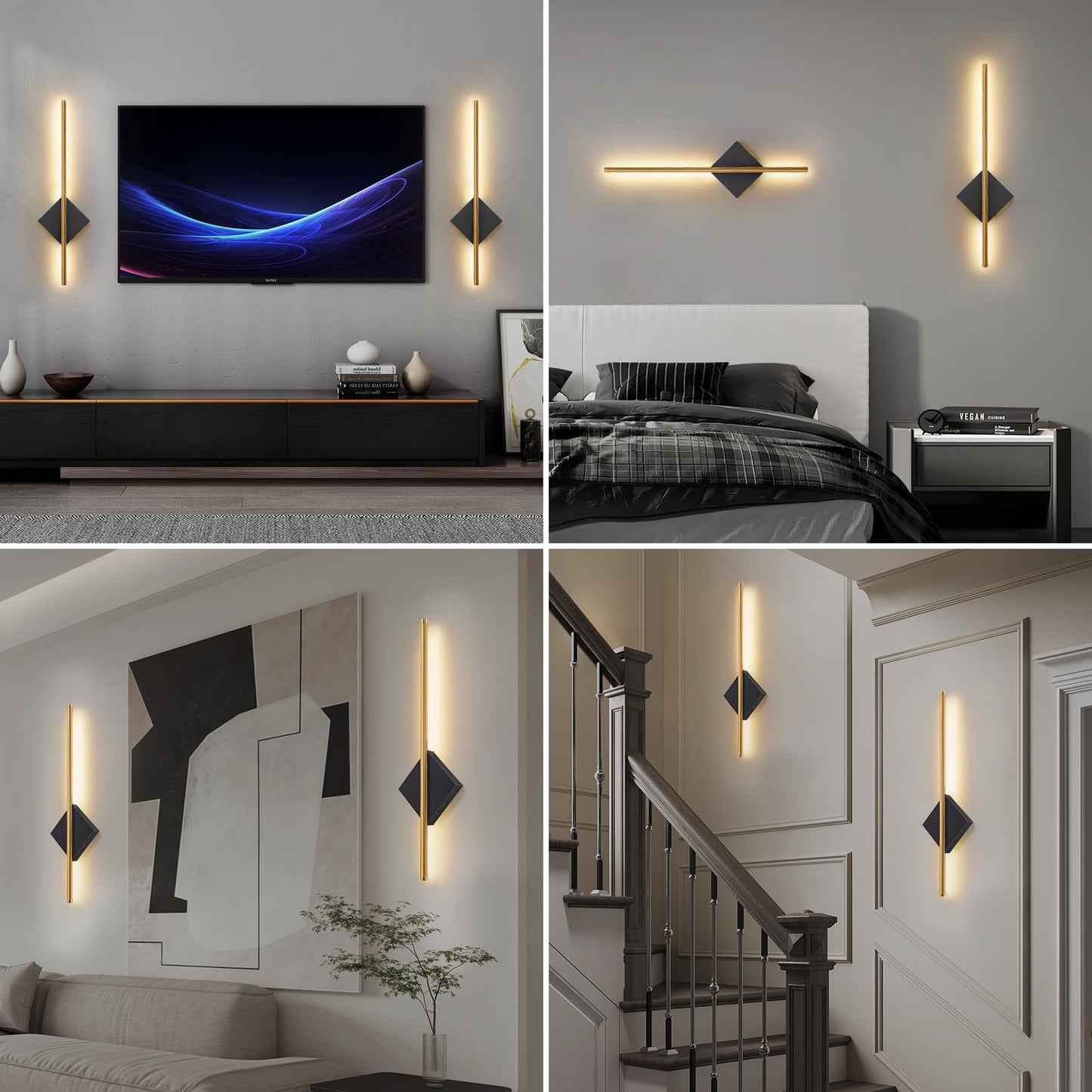 Battery Operated Wall Sconces Set of Two, Modern Sconces Wireless Cordless Rechargeable Light with Remote, Gold and Black Wall Lamp Dimmable Home Decor for Bedroom Living Room Hallway Timing 23.6 Inch