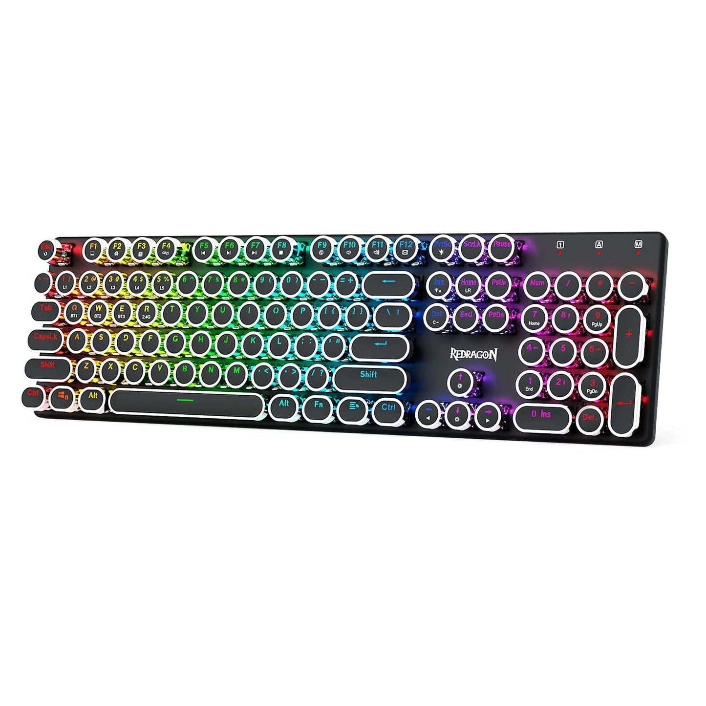Redragon K710 Wireless Typewriter Style Mechanical Gaming Keyboard, Bluetooth/2.4Ghz/Wired, RGB Backlit, Rechargeable, Blue Switch - Clicky, Metal Panel, Round Keycaps, Black