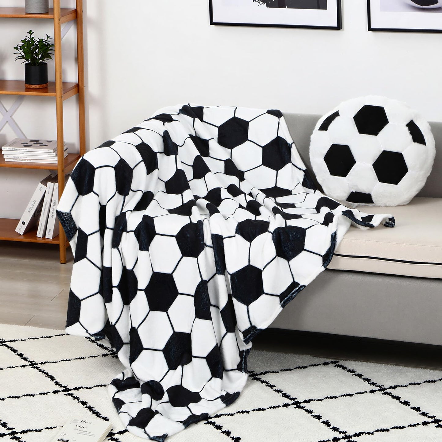 SmoothNovelty 2 Pcs Soccer Pillow and Throw Blanket Set Include 40x50 Inch Soft Soccer Flannel Blanket Fluffy Sports Stuffed Plush Pillow Cushion Team Gift for Men Couch Bedroom Sofa Decor