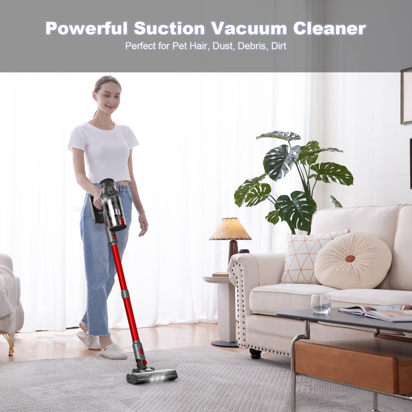 FUNCCUBE Vacuum Cleaners for Home - Cordless Stick Vacuum Cleaner, Lightweight High Power Vac for Pet Hair Carpet Hardwood Floor, Handheld Portable Wireless Rechargeable Battery Household Vac,Red