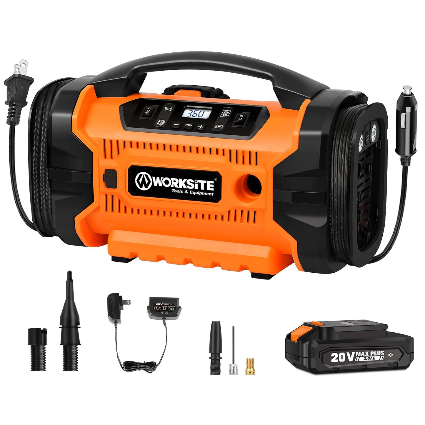 WORKSITE Tire Inflator Air compressor Portable, 160 PSI Car Tire Pump with 3 Power Supply (110V AC, 12V DC & 20V Battery) for cars, bikes, balls,Orange