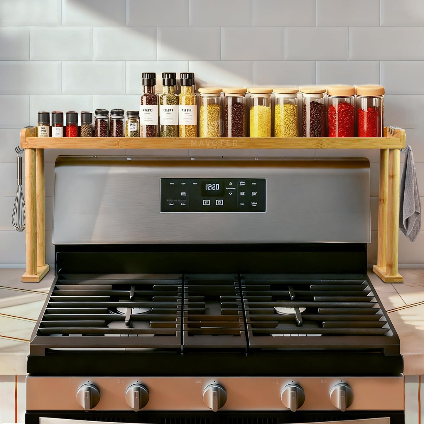 MAVOTER Over The Stove Top Shelf for Kitchen Bamboo Spice Rack Organizer for Back of Stove with Protective Lips & 6 Hooks,Easy Installation 33.5 * 4.5 * 13.4”
