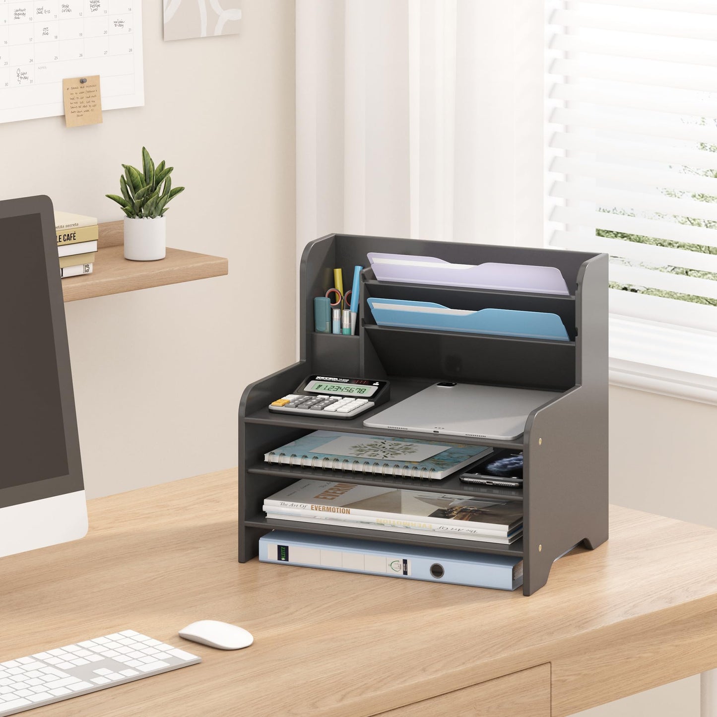 Desk File Organizer - 6-Tier Desktop Mail Letter Tray Paper Document Organizer with Pen Holder for Home Office Supplies, Office Desk Accessories & Workspace (Black)