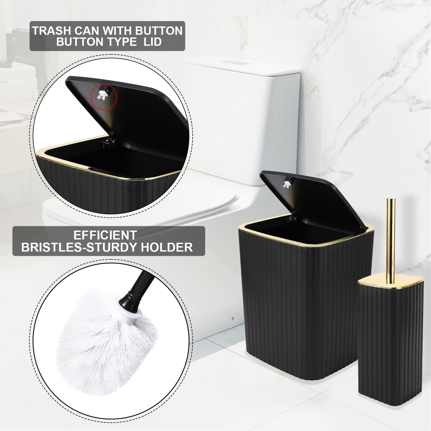 XLHOMO Bathroom Set with Shower Curtain and Rugs- 25PC Bathroom Accessory Set, Black Shower Curtain Set, Toilet Brush, Trash Can, Qtip Holder & Soap Dispenser