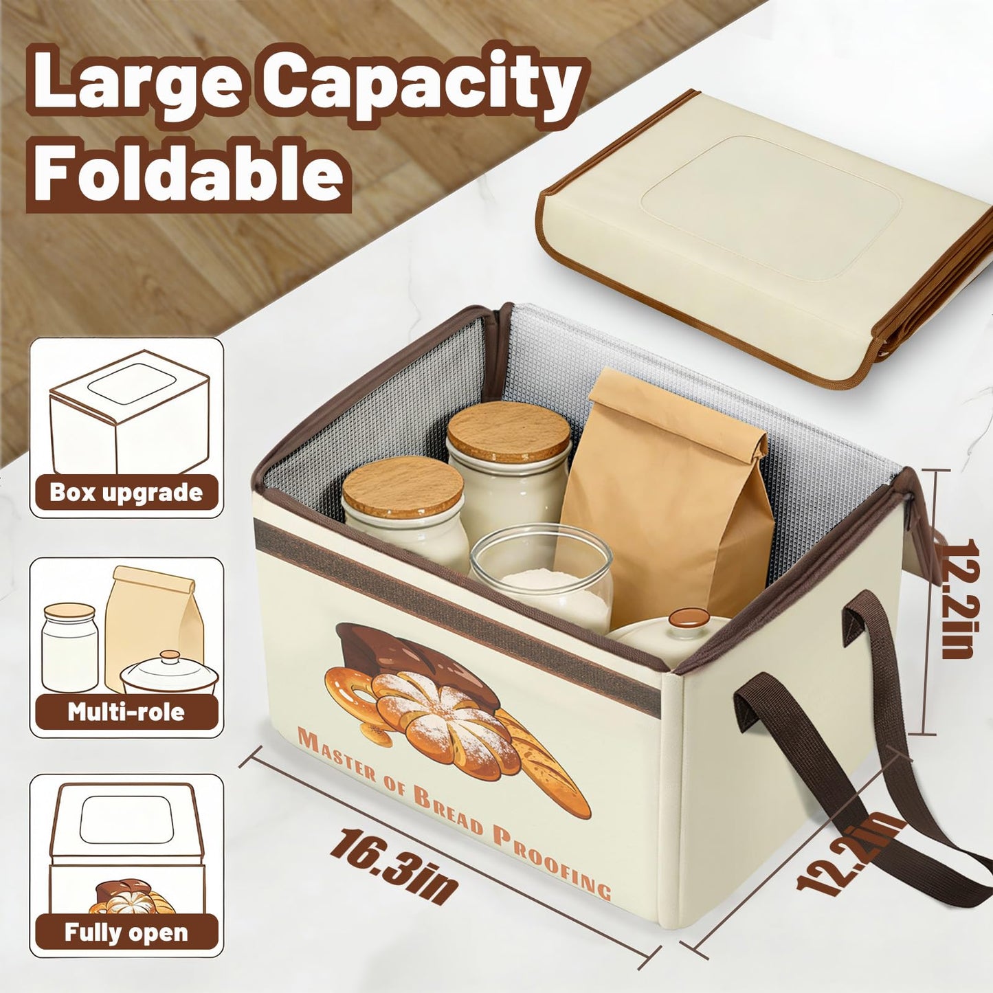 Bread Proofing Box with 3-Sided Heating, Electric Dough Proofer 68-131°F & 99H Timer, Foldable Sourdough Proofer for Pizza & Fermentation, Large Capacity with Metal Rack & Water Tray