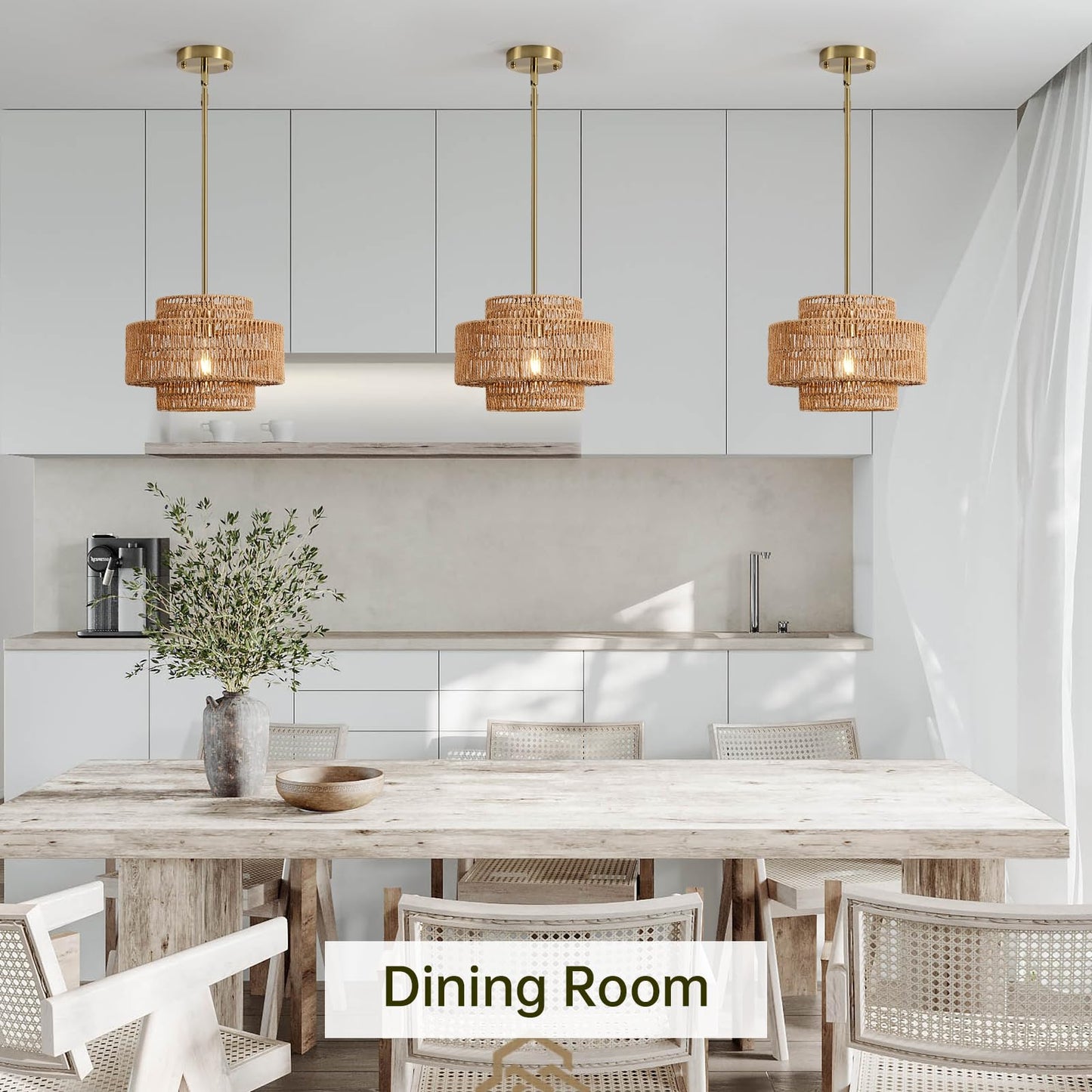 12.4” Boho Rattan Chandelier Light Fixture, 1-Light Hand Woven Pendant Light Fixture Farmhouse Rustic Hanging Lamp for Kitchen Island Bedroom, Dining Room, Living Room, Entryway, Foyer