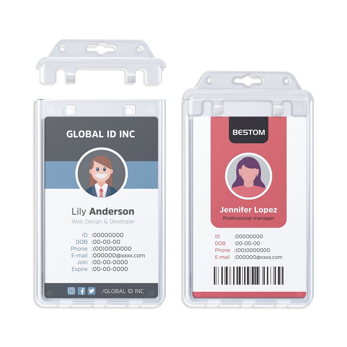 Bestom 50 Pack Clear Rigid Plastic Permanent Locking ID Card Holders – Vertical Secure Dual Sided Work Badge Holder Fits Two Standard 30mil ID Badges or One Proximity/Prox Card