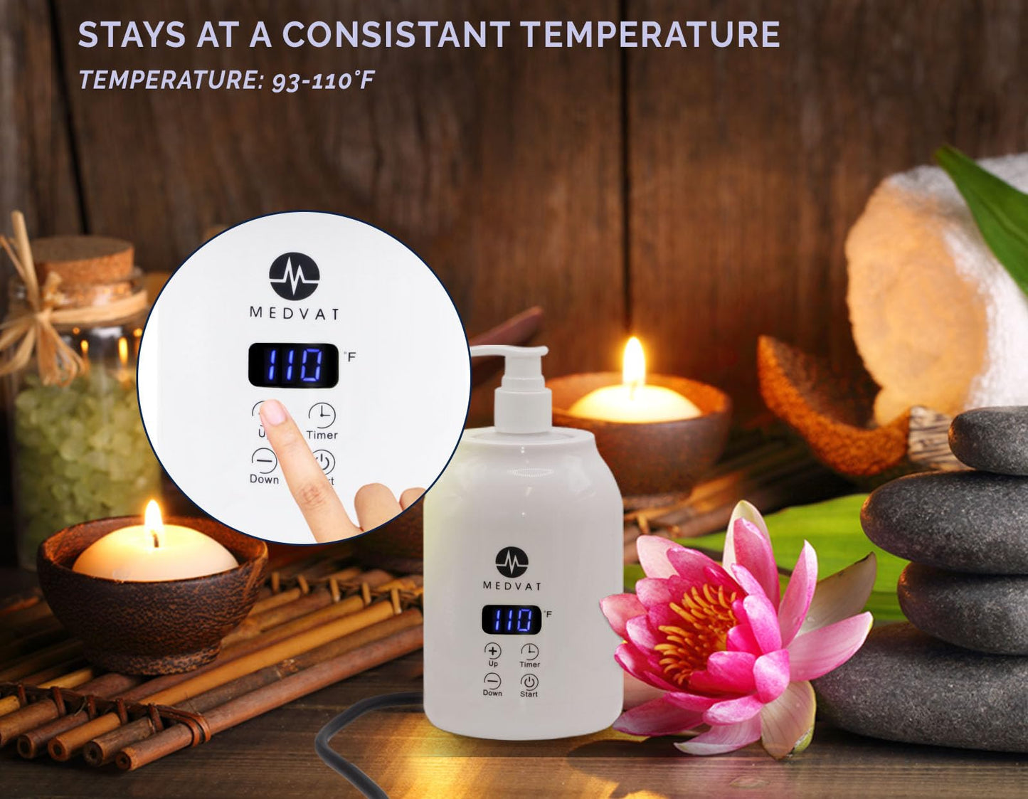 Medvat Gel Warmer with Digital Display, Built in Timer, Heater for Massage Cream, Lotion, & Oils, Adjustable Temperature for Home & Spa, Includes 2 Bottles, 2 Pumps, 1 Lathering Pump & Funnel