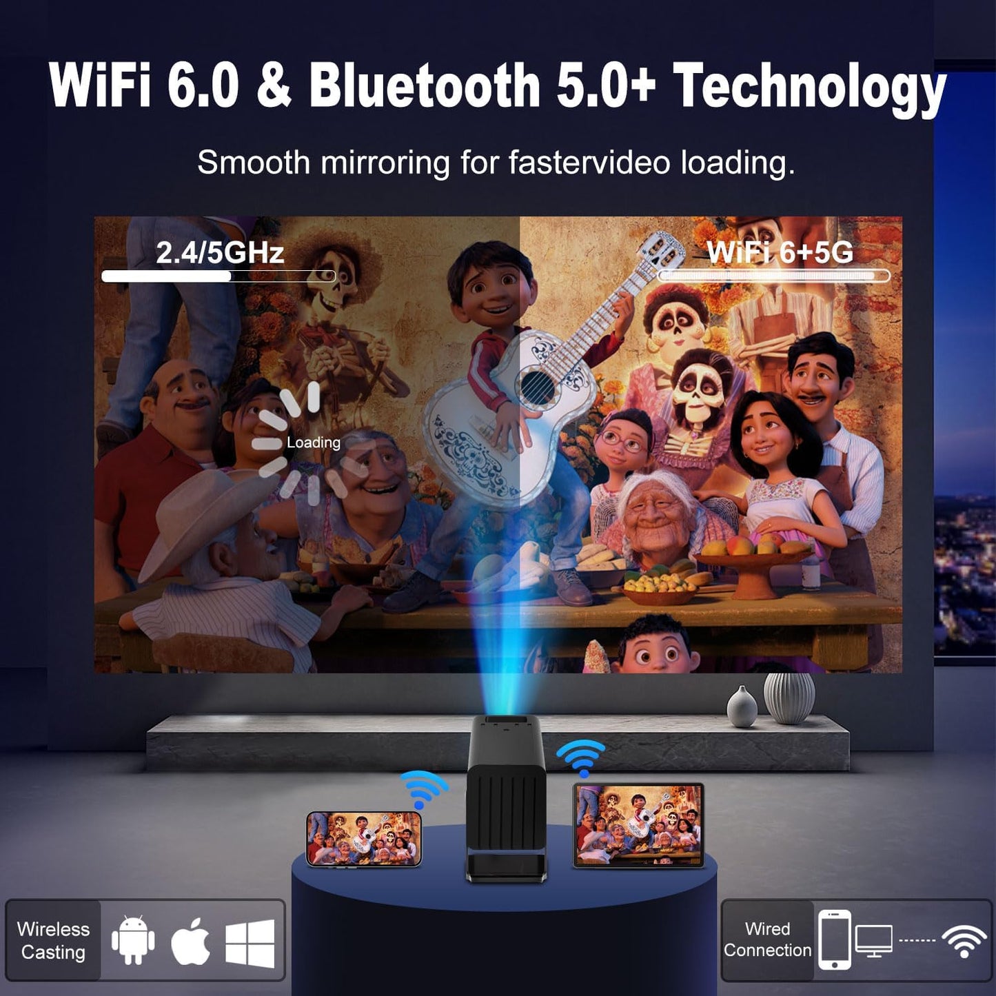 [Smart Projector with Apps] 4K Supported Mini Projector with Wifi and Bluetooth, XENPONAD Movie Projector for Bedroom Celling Camping & Outdoor Use, Portable Projector with Speaker, Auto Keystone