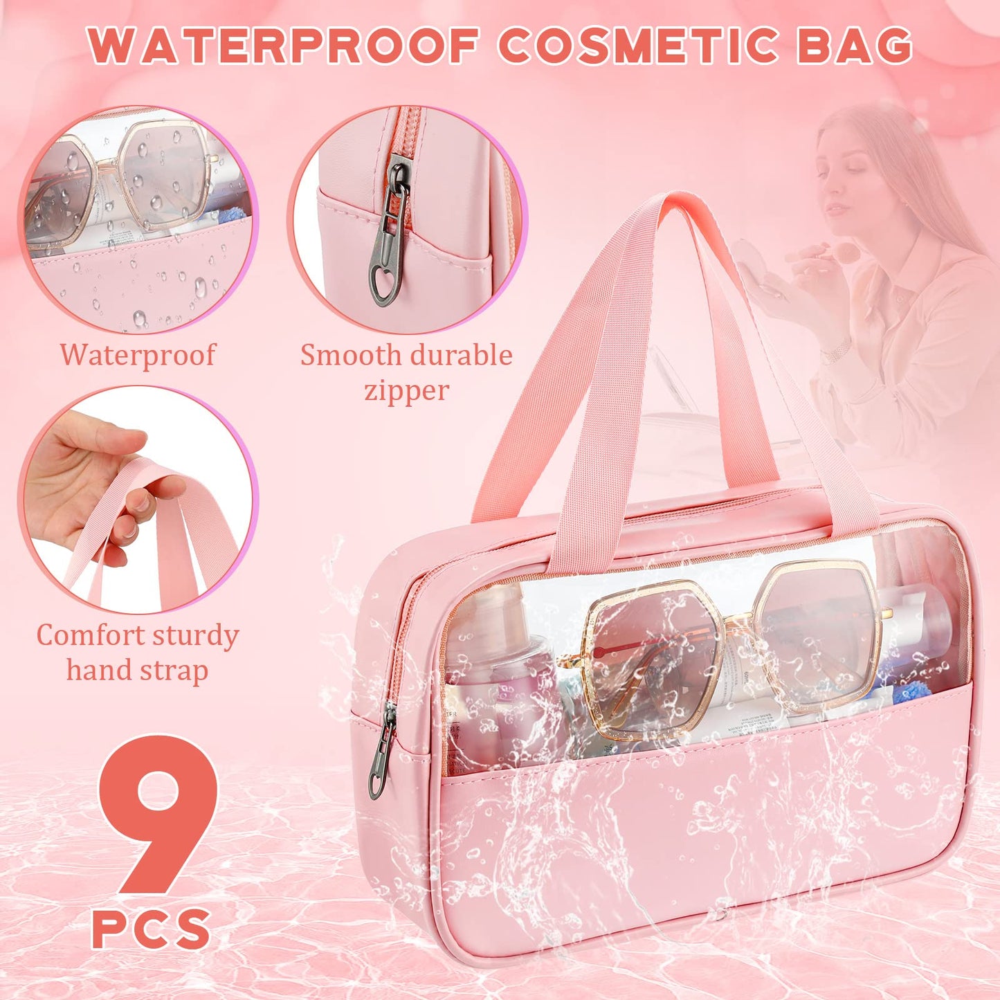 9 Pcs Translucent Make up Bag Toiletry Organizer for Women Men Waterproof Portable Cosmetic Travel Bag with Hanging Handles Travel Storage Carry Pouch, 10.2 x 6.3 x 2.8 Inches(Pink)