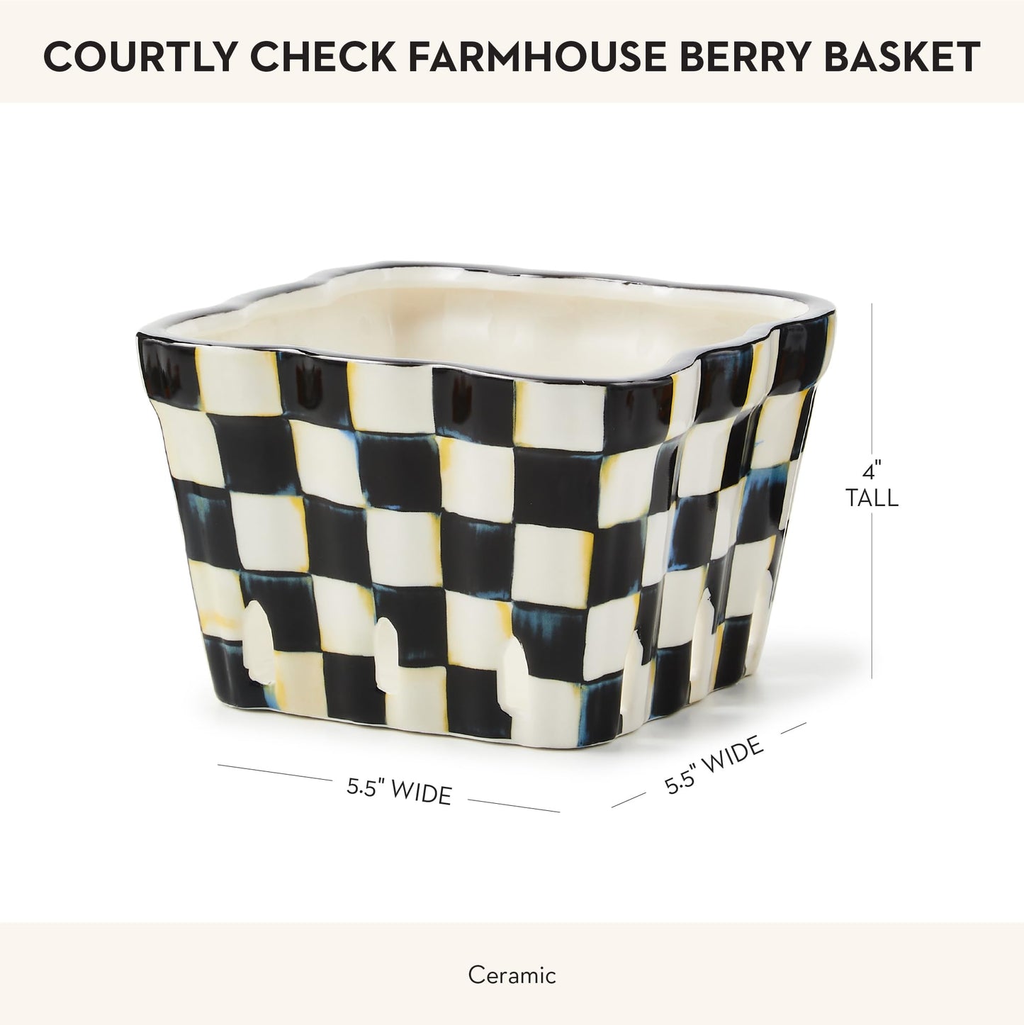 MACKENZIE-CHILDS Ceramic Farmhouse Berry Basket, Decorative Fruit Holder, Black-and-White Courtly Check
