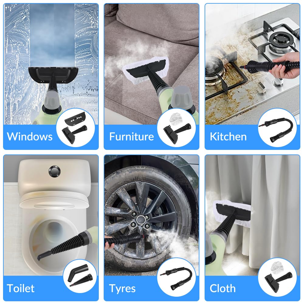 Handheld Pressurized Steam Cleaner with 12 pcs Accessories, Portable Steamer for Cleaning, Steam Cleaner for Home Use, Steamer for Cleaning Car, Furniture, Floor, Upholstery, Grout and Tile, Green