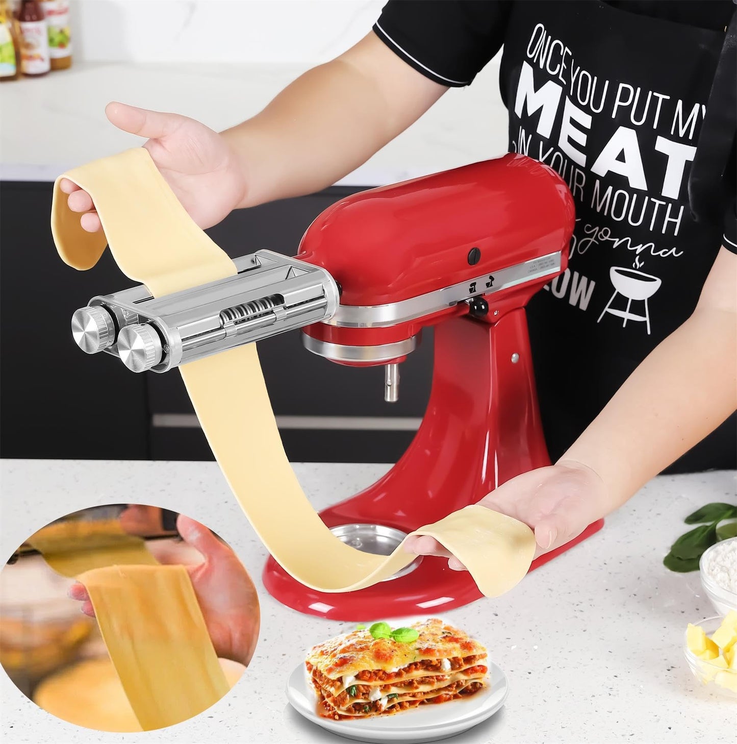 FavorKit Pasta Noodle Maker Attachment Set for KitchenAid Mixers Plus Hub Knob Screw Accessory Included Dough Sheet Roller, Spaghetti & Fettuccine Cutters-Unique Design