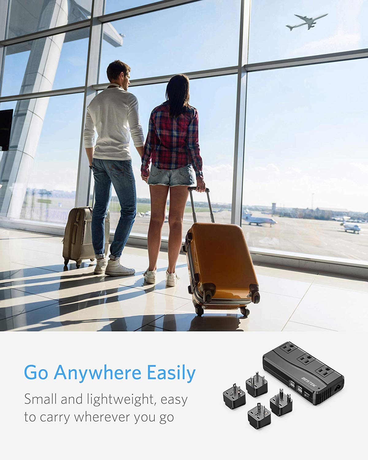BESTEK Universal Travel Adapter 100-220V to 110V Voltage Converter 250W with 6A 4-Port USB Charging 3 AC Sockets and EU/UK/AU/US/India Worldwide Plug Adapter (Black)