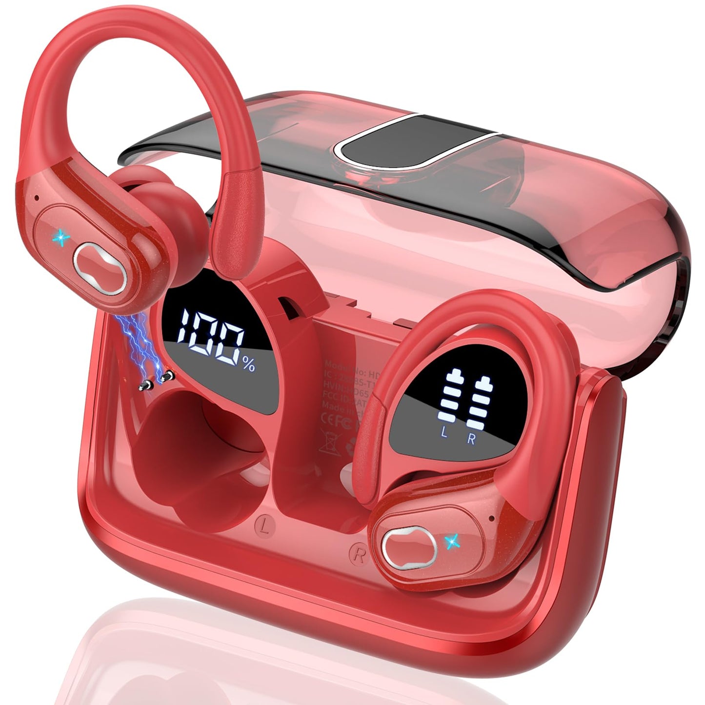 Aptkdoe Wireless Earbuds 75hrs Bluetooth 5.4 Headphone Sport, 2025 Bluetooth Earbuds Stereo Deep Bass Over Ear Bud with Earhooks, ENC Noise Cancelling Mic, IPX7 Waterproof Earphone, Red