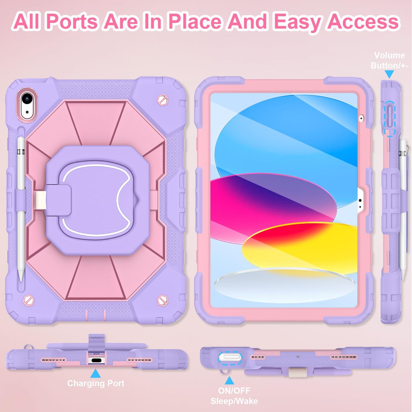 WESOROL Case for iPad (A16) 11th/10th Generation 2025/2022 with Screen Protector Rotating Stand Pencil Holder iPad Case 10th Generation Shockproof Cover for iPad 11th/10th Gen Cases Kids,Purple Rose