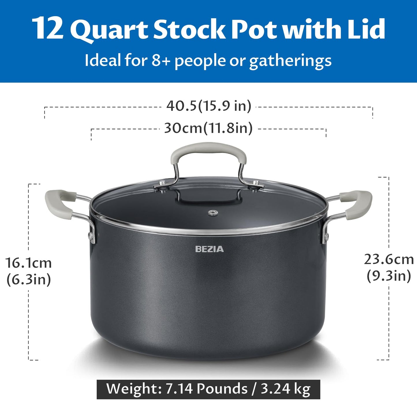 12 Quart Nonstick Stock Pot with Lid, BEZIA Ceramic Big Soup Pot for Holiday Feasts, Cooking Pot with Stay-Cool Silicone Handle, Easy Cleanup, Perfect for Large Gatherings, Gift Giving & Batch Cooking