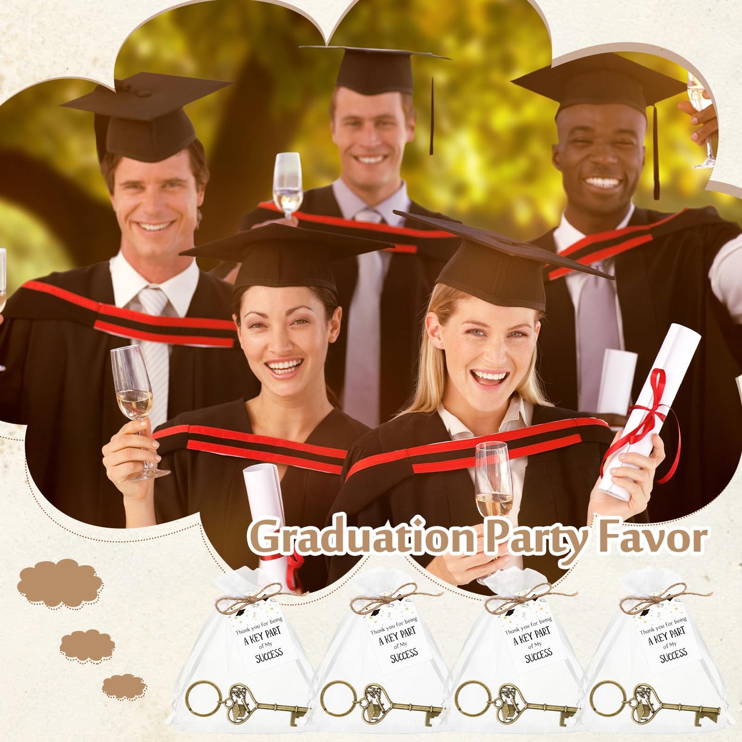 Misdary 50 Sets Graduation Party Favor for Guest 2026 Graduation Cap Bottle Opener Keychains with Thank You Card Organza Bags Class of 2026 College Celebration Party Supplies (Bronze)