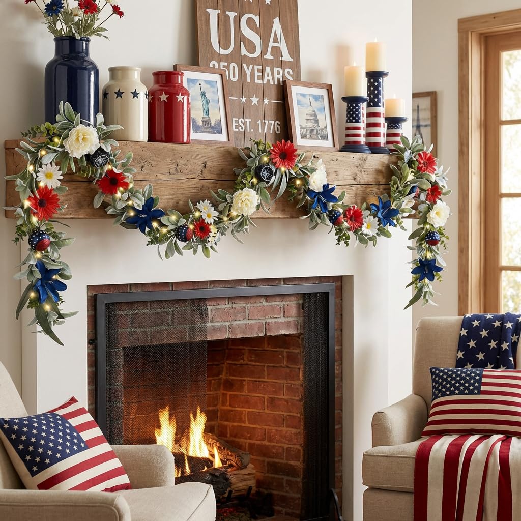 Valery Madelyn 6FT 4th of July Garland with Lights for Mantle, Red White Blue Patriotic Floral Garland Memorial Day Decorations with Ball Ornaments for USA 250th Anniversary Summer