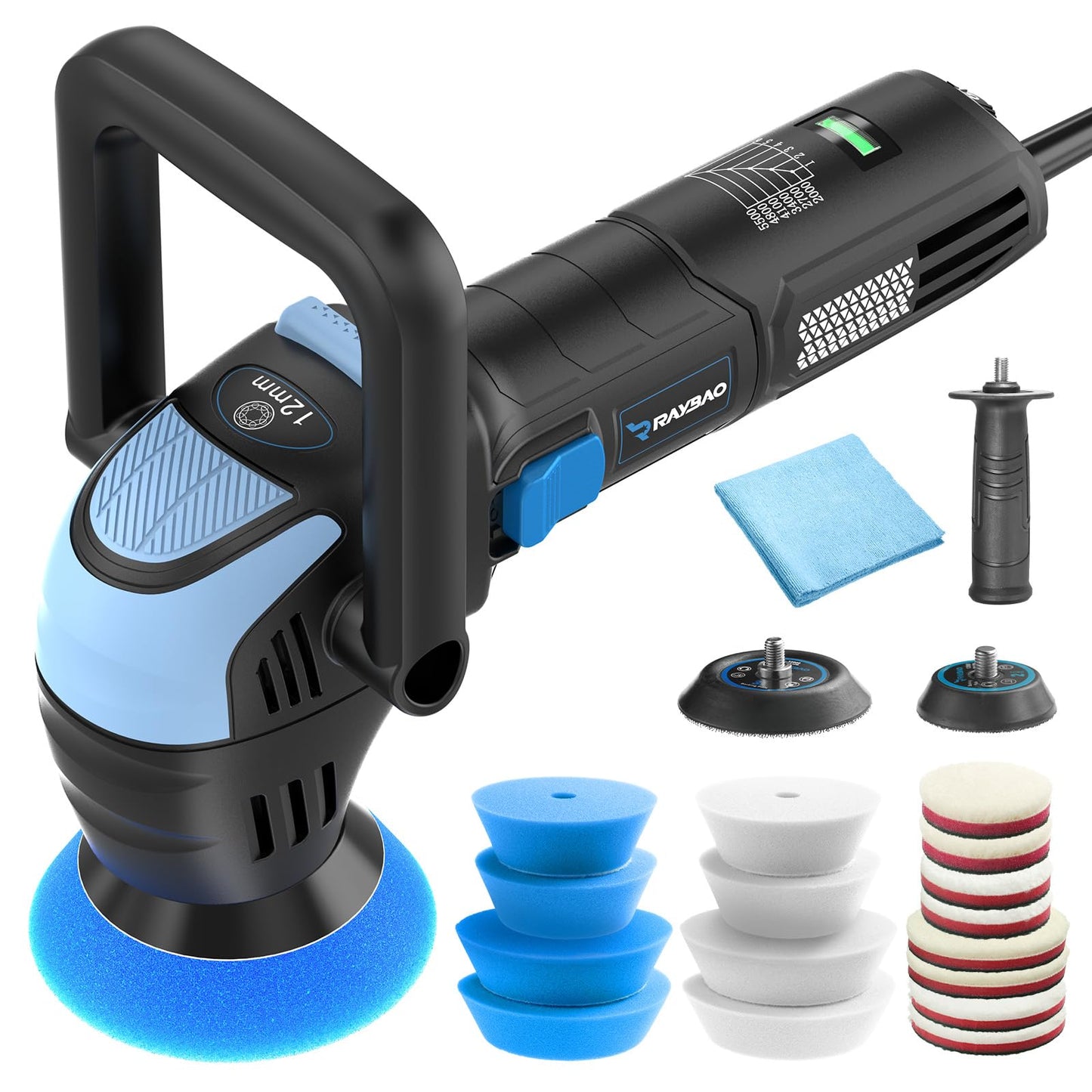 Mini Polisher, 2inch/ 3inch 750W Car Buffer with 12mm Random Orbital-Improve Work Efficiency by 35%, with 16pcs Trapezoidal Polisher Pads &16.4 ft Cord, for Car Detailing and Waxing