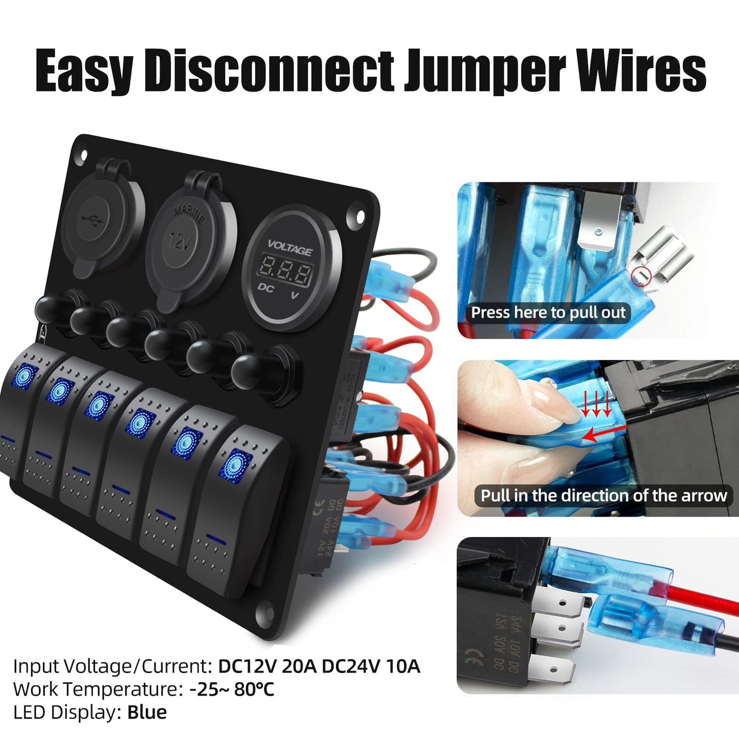 FXC Waterproof Marine Boat Blue Rocker Switch Panel 6 Gang with USB & Type-C Charger Slot Socket + Cigarette Lighter +LED Voltmeter with Overload Protection Circuit Breaker for Car Rv Vehicles Truck