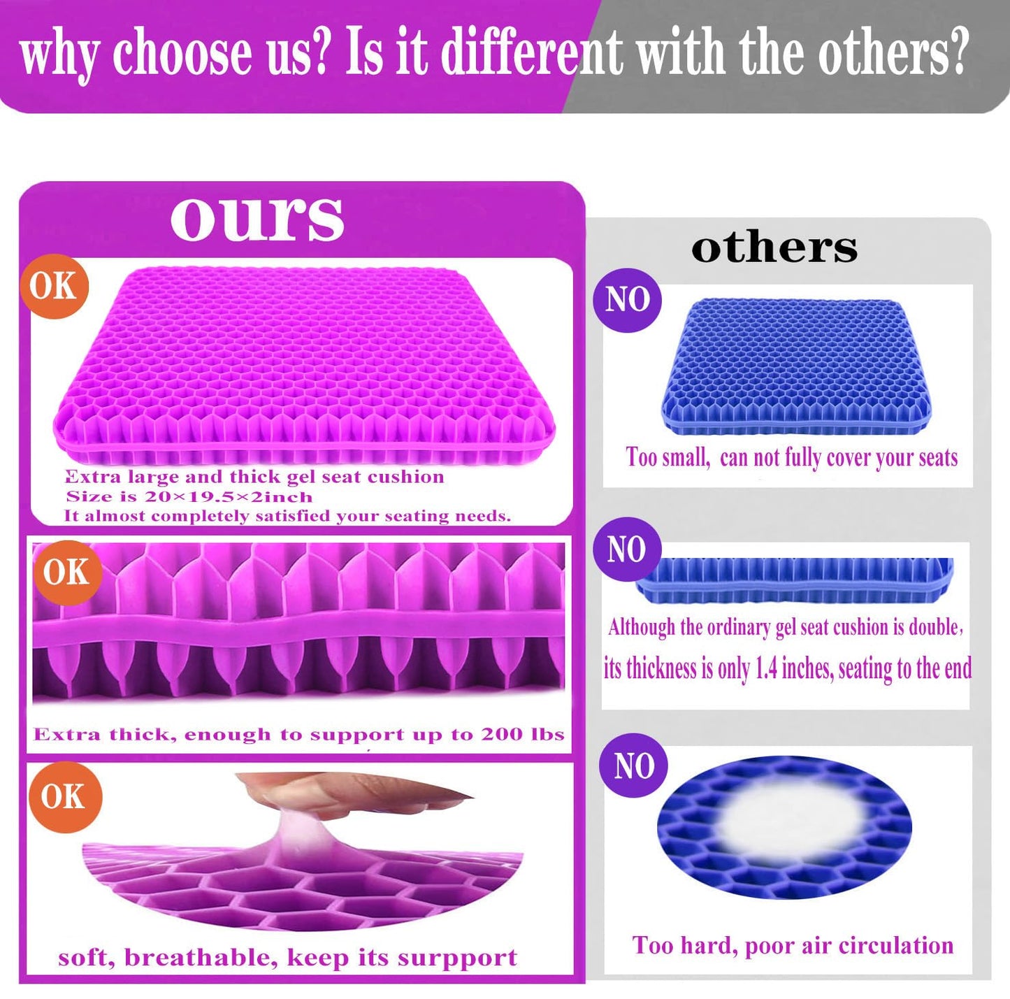 Plus Size Gel Seat Cushion for Long Sitting, Extra Large Cooling Supportive Seat Cushion for Back, Sciatica, Tailbone Pain Relief, Use for The Office, Wheelchair, Car, Recliner, Stadium.(Rose red)