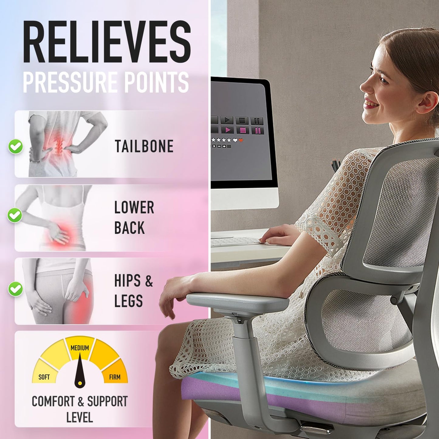 SUNROX Cooling Gel Memory Foam Chair Cushions, 2.6" Thick U-Shaped Dual-Layer Comfort Dining Chair Pads, Non Slip Seat Cushion with Ties for Indoor Kitchen Office 17"x16" Set of 4, Cream