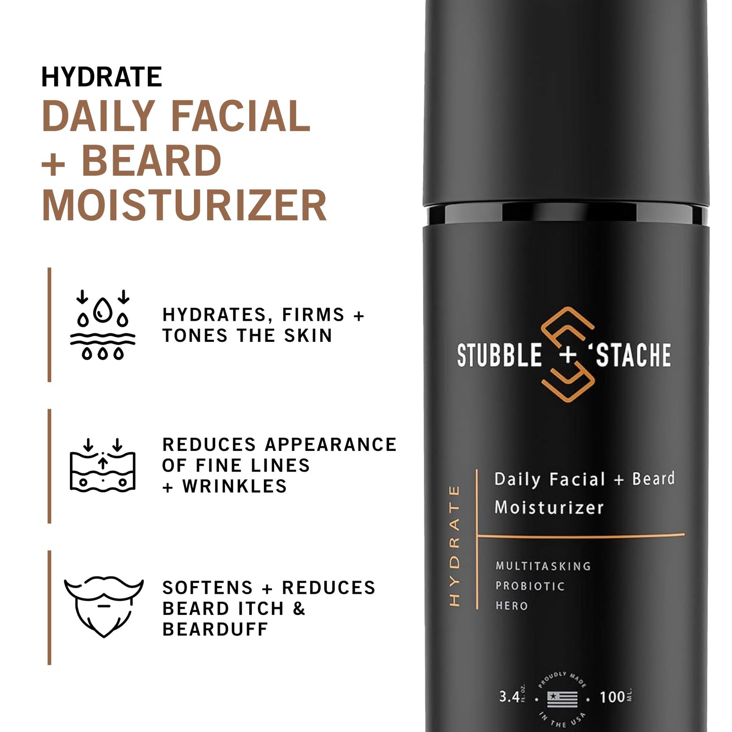 stubble & stache Beard & Face Moisturizer for Men - Hydrating Lotion with Hyaluronic Acid, Niacinamide, Argan Oil, Aloe Vera, Jojoba Oil, & Vitamin A for Dry Skin & Beard Conditioning - 3.4 fl oz