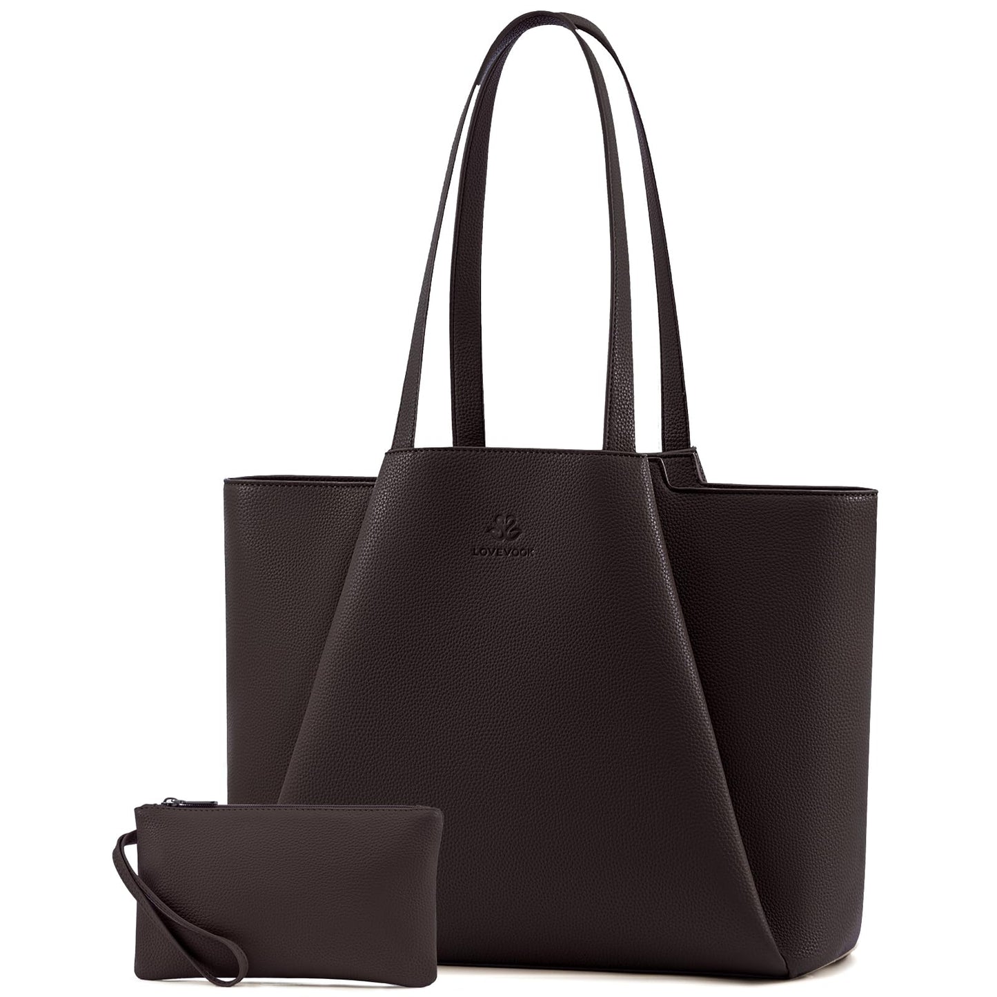 LOVEVOOK Laptop Tote Bag for Women - 15.6 Inch Faux Leather Work Tote Bag For women with Clutch, Large Capacity Office Purse for Casual Business Travel, Coffee