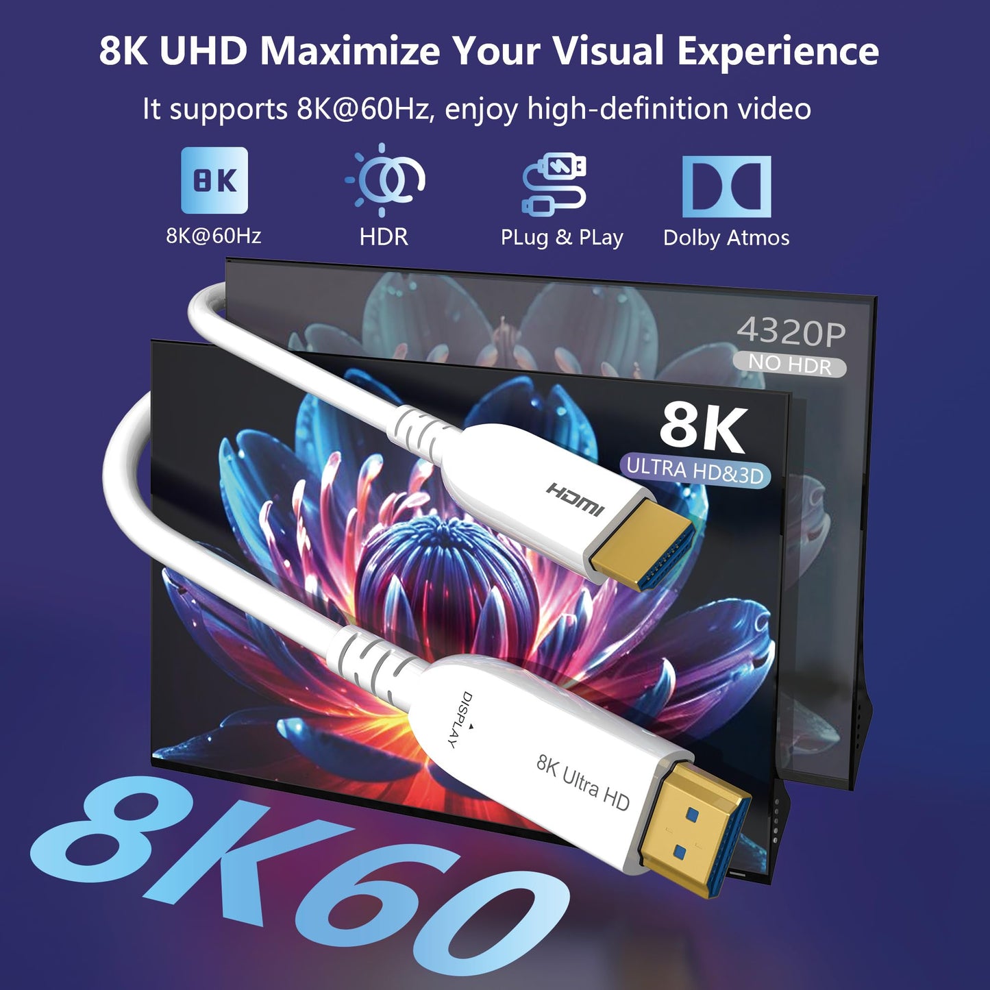 Anehmeta 8K Fiber Optic HDMI Cable 50FT, Long Active HDMI 2.1 Cable 48Gbps Ultra High Speed 8K@60Hz 4K@120Hz HDR10 eARC 3D HDCP 2.3 Compatible for Laptop, PC, Monitor, PS5, PS4, Xbox, HDTV, Projector
