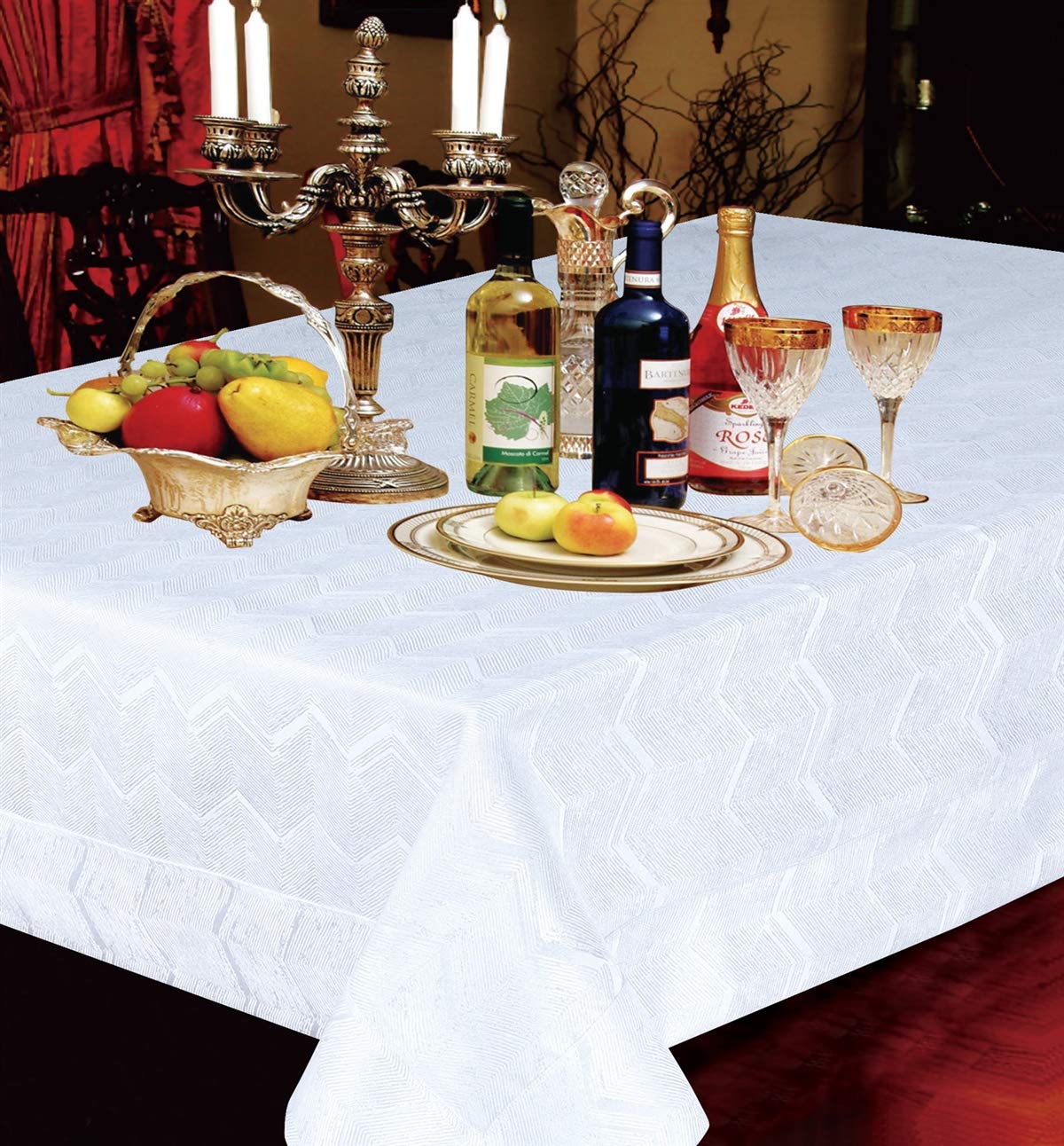 Violet Linen Princess Zig Zag Vertical Stripes Chevron Pattern Seats 16 to 18 People, Polyester Jacquard, with Metallic Thread, Rectangle, Tablecloth, 70" X 180", White