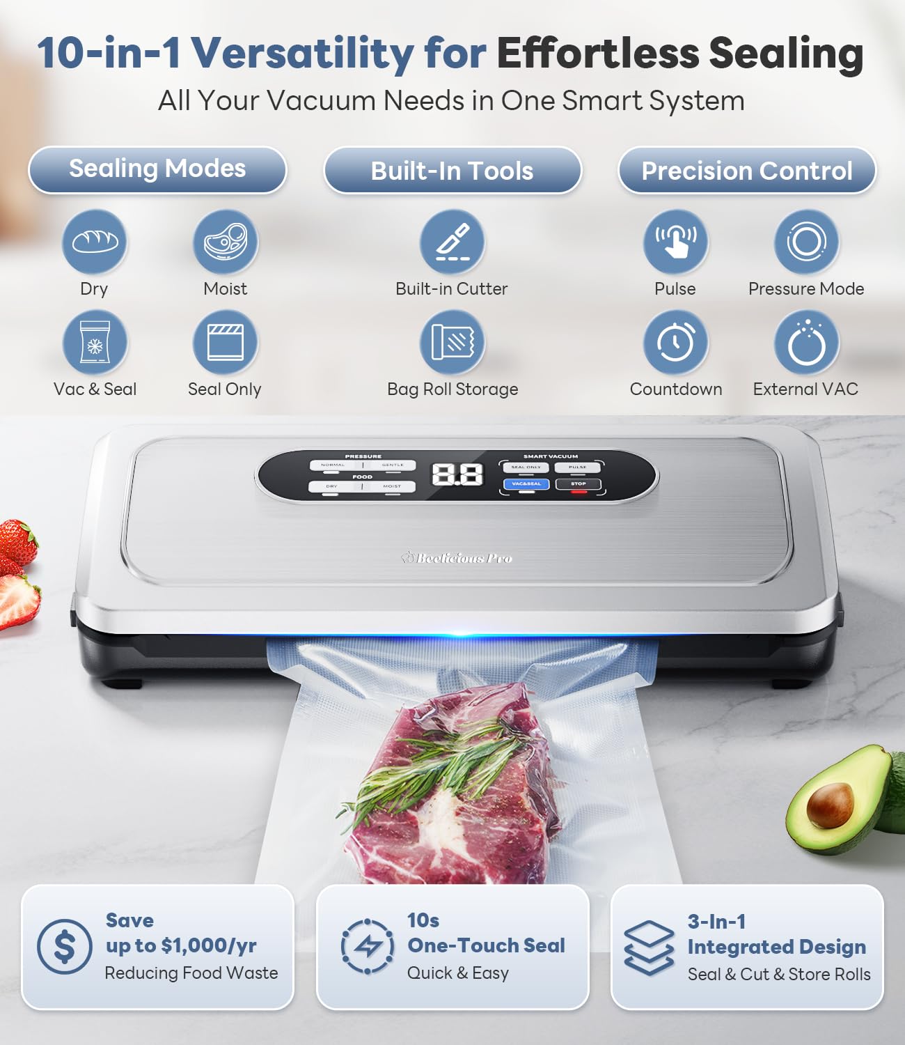 Vacuum Sealer Machine with AirLock ProSeal System, 10-in-1 Vacuum Sealer for Food, Moist/Dry Sealing Modes, Compact Design with Digital Timer, Built-in Cutter & Roll Storage, Silver-Pink