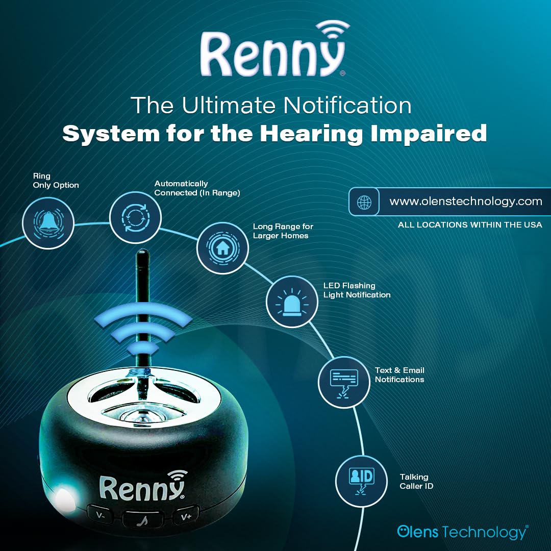 Renny - The Loud Cell Phone Ringer, Amplifier & Flasher for The Hearing Impaired (117dB) | Auto-Connects Wirelessly via Bluetooth | External Ringtones | Text/Email Notifications | Talking Caller ID