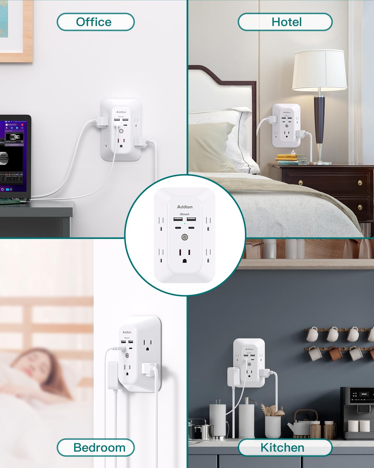 Outlet Extender Surge Protector - Addtam 5-Outlet Splitter with 4 USB Wall Charger(PD 30W), Multi Plug Wall Outlet Power Strip for Home, Dorm Room Essentials