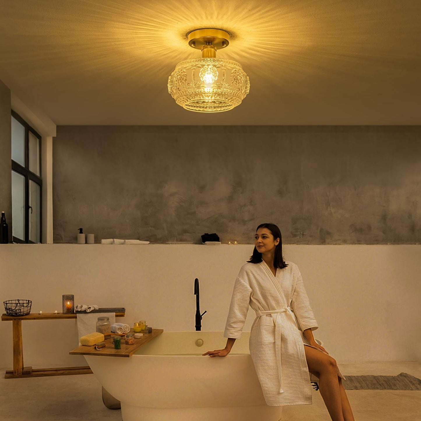 Tbaoinla Semi Flush Mount Ceiling Light Fixture - Brass & Floral Glass Shade, Vintage Modern Lighting for Entryway, Bathroom, Kitchen, Bedroom (Bulb Not Included)