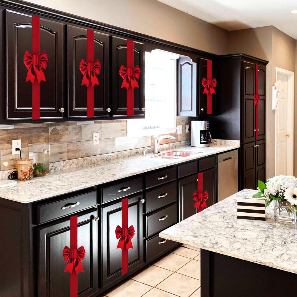 PBQOA Christmas Housewarming Kitchen Gifts Cabinet Ribbons and Bows Home Décor Holiday Festive Set of 16, Red