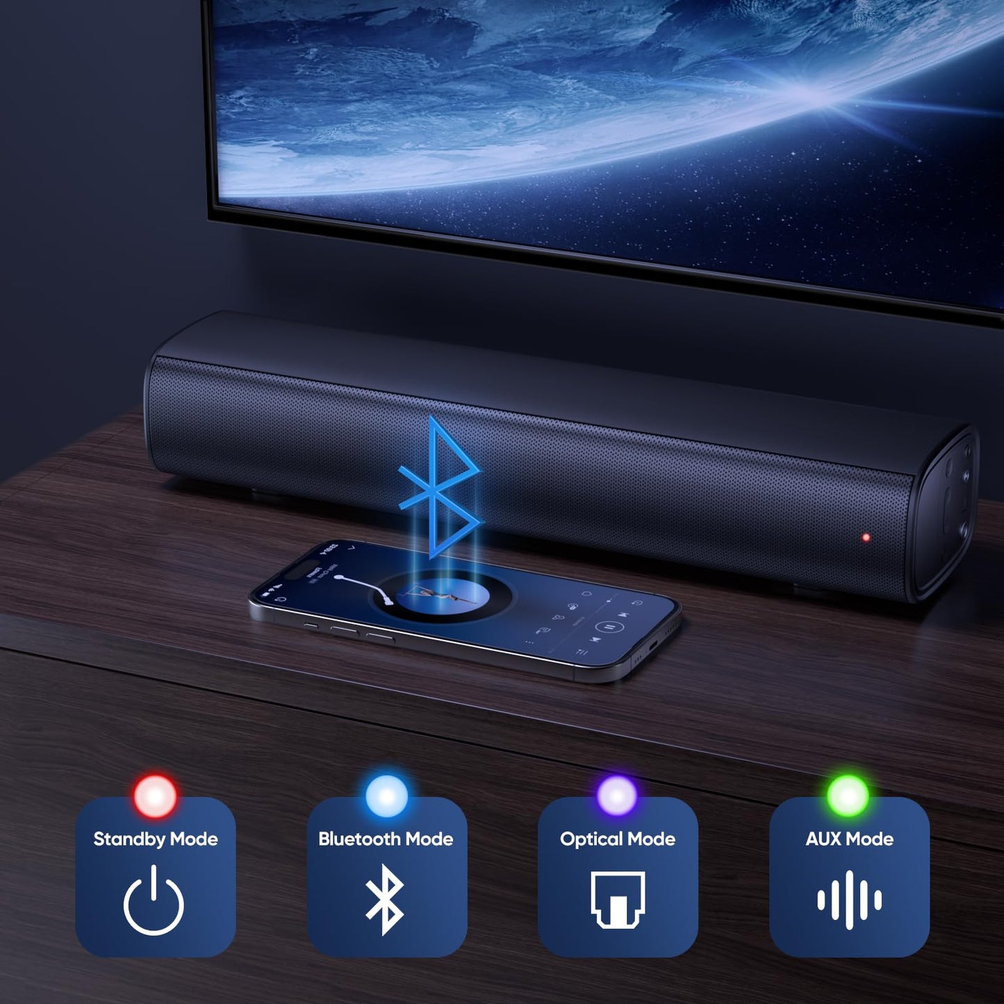 Saiyin Soundbar with 4'' Subwoofers - 70W Rounded-Edge Subwoofer & Compact Soundbar for TV, 2.1 Audio Enhanced Surround Sound System for TV, Bluetooth/Optical/AUX Connection for TV/PC