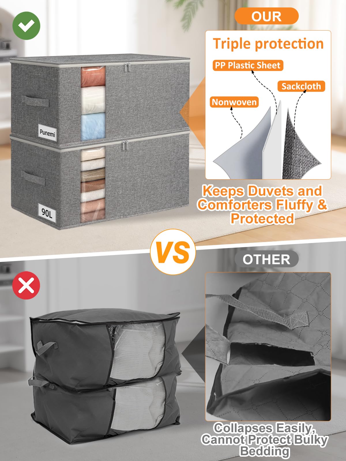 punemi King Size Comforter Storage Bag w/Sturdy Structure, 90L Extra Large Blanket Storage Bag for Bedding, Pillows, Quilts&Duvets, Stackable Closet Organizer with Clear Window,25.6x17.3x11.8in,Gray