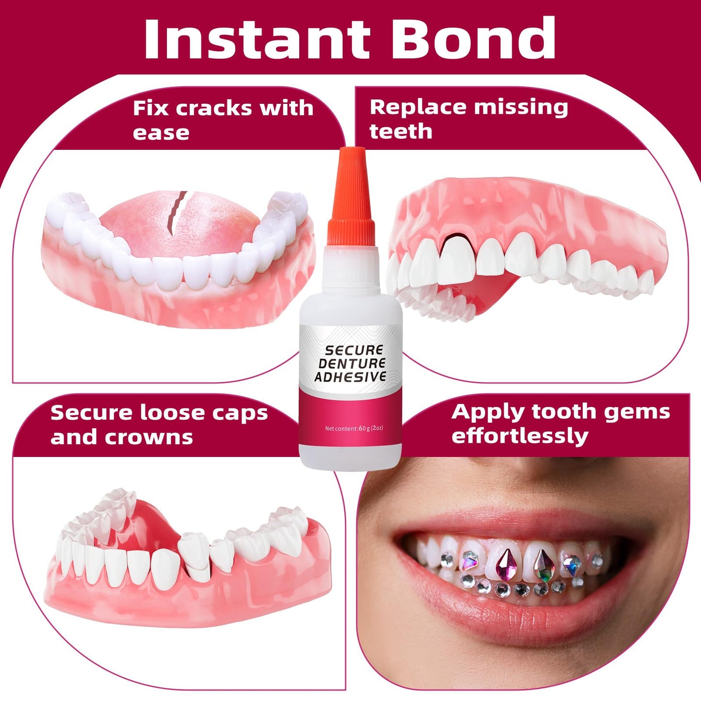 2 oz Dental Lab Instant Bonding Dental Glue, Quick Adhesive, Experience a Secure Bond That Lasts from Days to Week