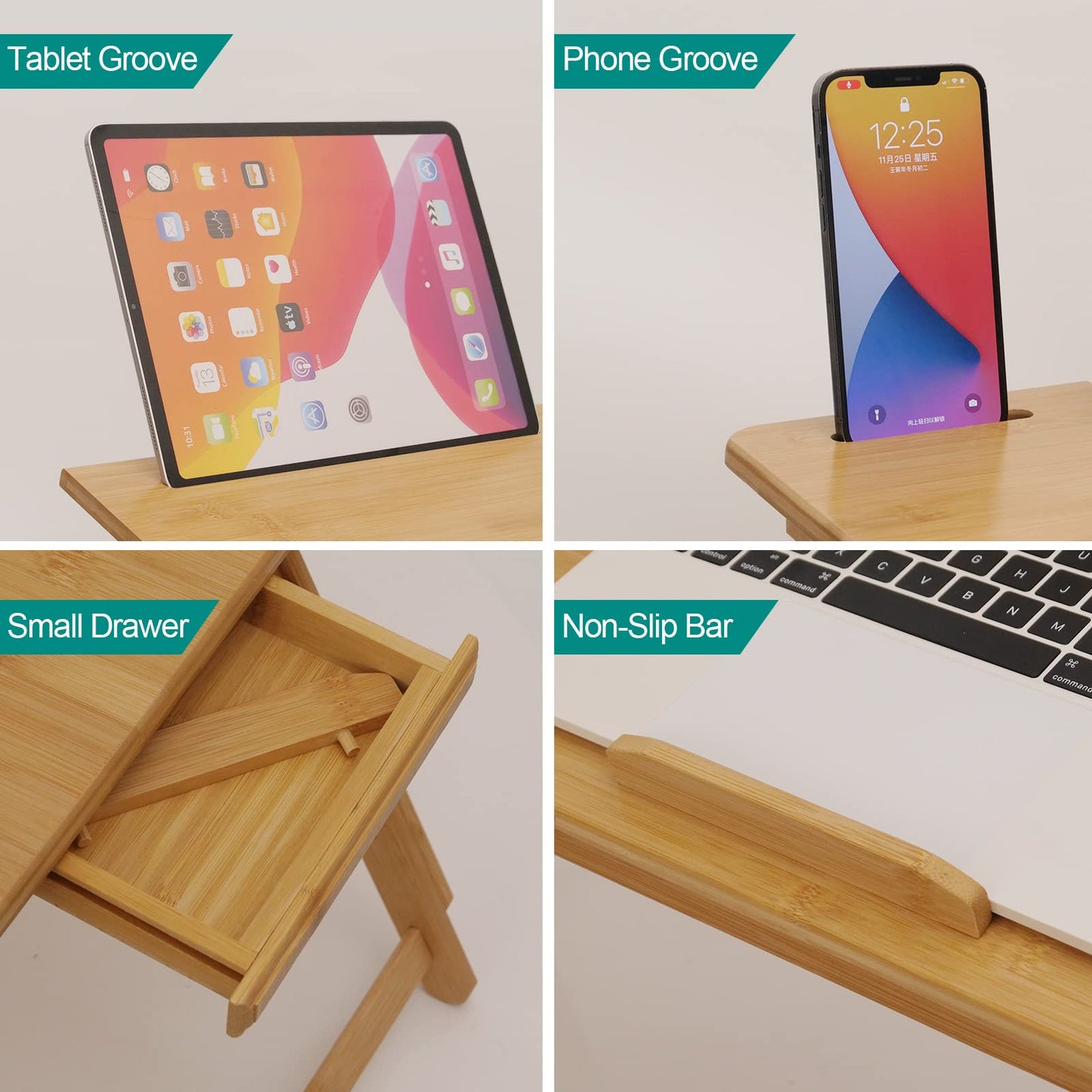 Lap Desk COIWAI Laptop Table Bamboo Writing Eating Bed Tray Adjustable Angle Height Foldable Desk Tray with Tablet Slot Drawer Breakfast Coffee Tea Table for Sofa Couch Floor Large Size