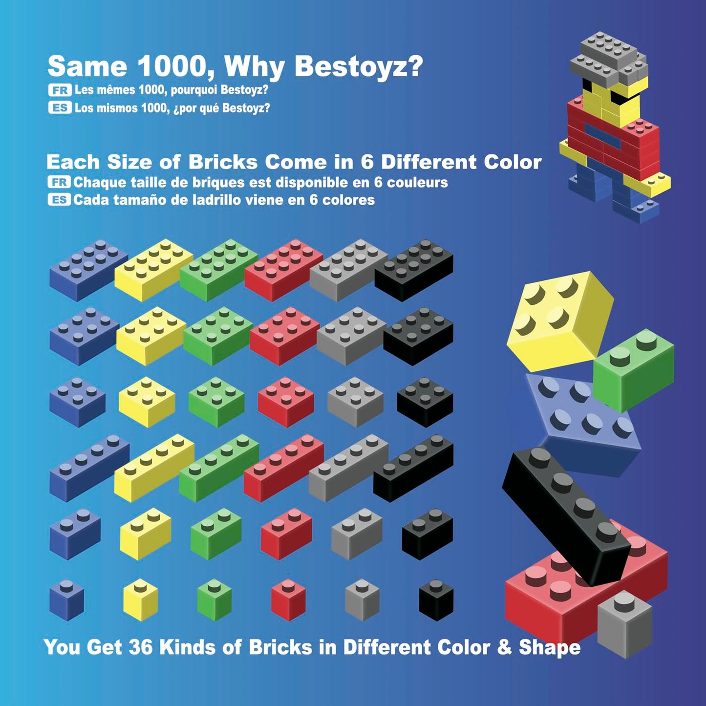 Bestoyz 1000 Pieces Building Blocks, Bulk Classic Building Bricks Toy, Big Box of Basic Bricks, Compatible with Major Brands, Educational Construction Toys & Gifts for Kids 6+