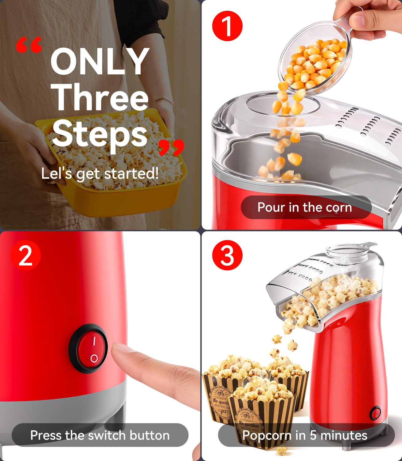 5.0Health Upgrade - Popcorn Machine,Butter Melter.3-Minute Quick Po Pcorn Popcorn maker,Oil-Free And EasyTo Clean. Air Popcorn Machine - Perfect For Family Movie Nights And Kids' Parties,Bright red