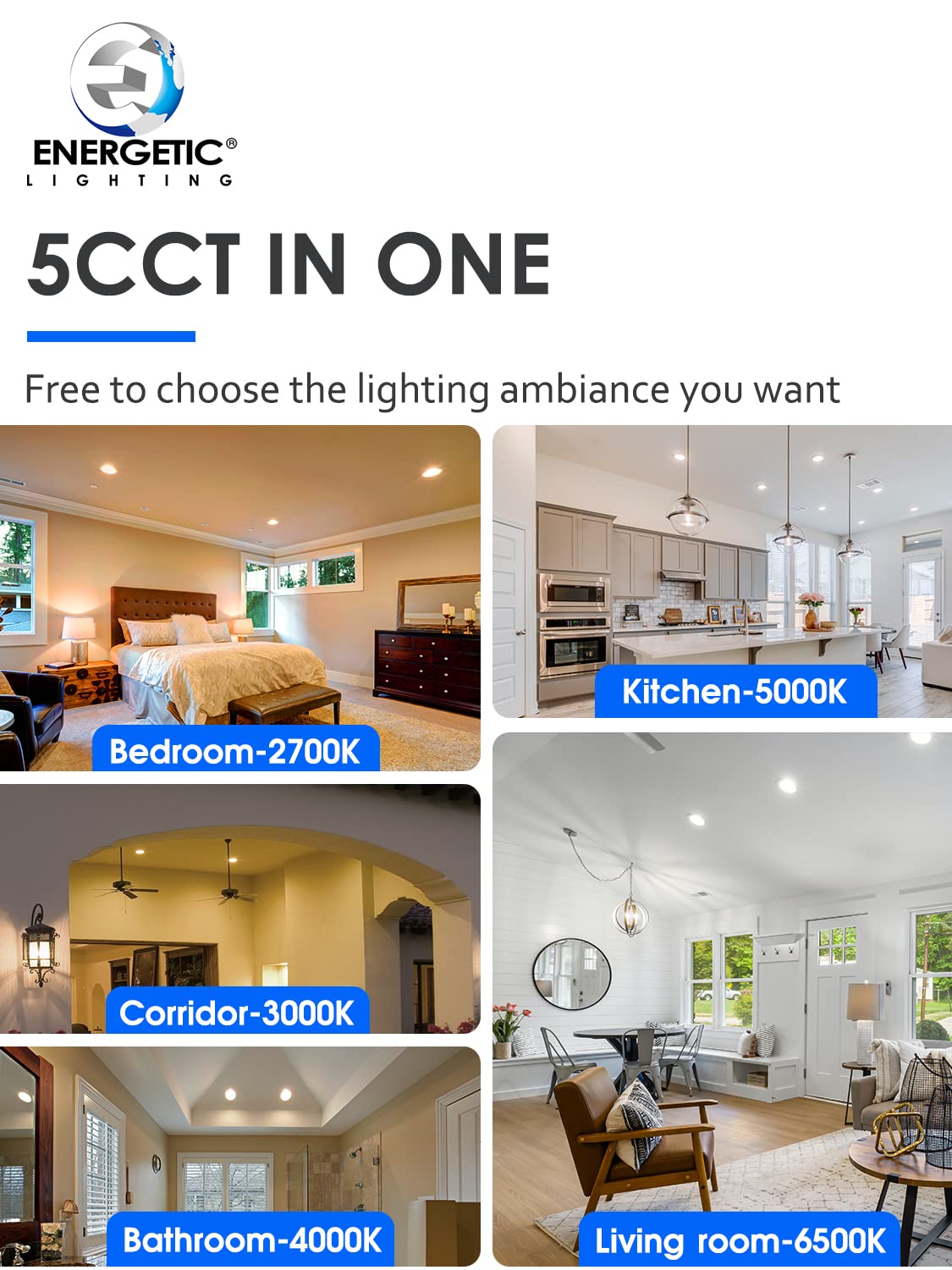12 Pack 5/6 Inch 5CCT LED Recessed Lighting Retrofit, 2700K/3000K/4000K/5000K/6500K Selectable, Dimmable Can Lights with Baffle Trim, 12W=150W, High Brightness 1000LM, IC& Wet Rated, ETL&FCC Certified