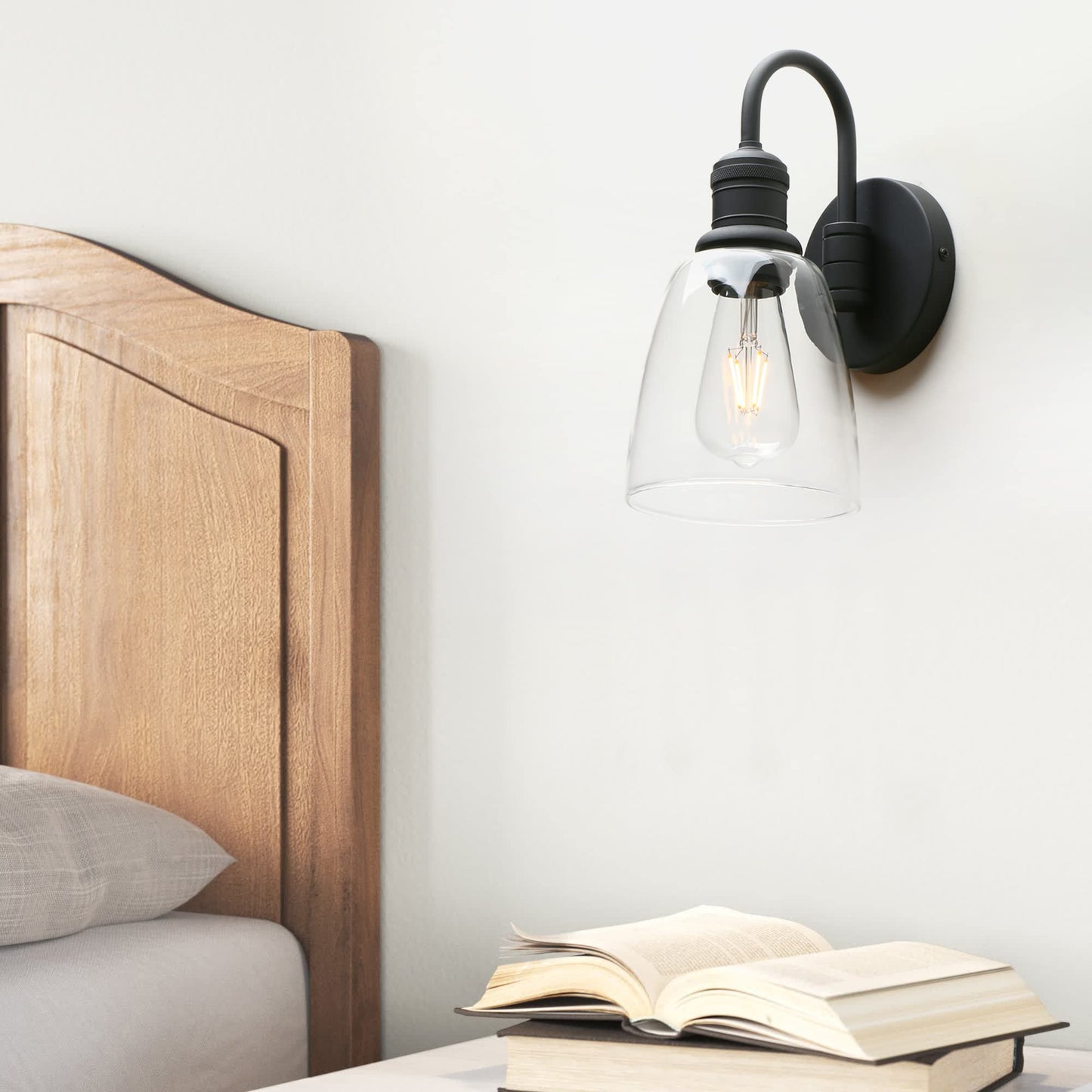 JIMUBEAM 1-Light Vintage Gooseneck Wall Sconce Lamp with Cloche Clear Glass Shade, Industrial Indoor Wall Light Fixture for Bathroom Living Room Bedroom Over Kitchen Sink