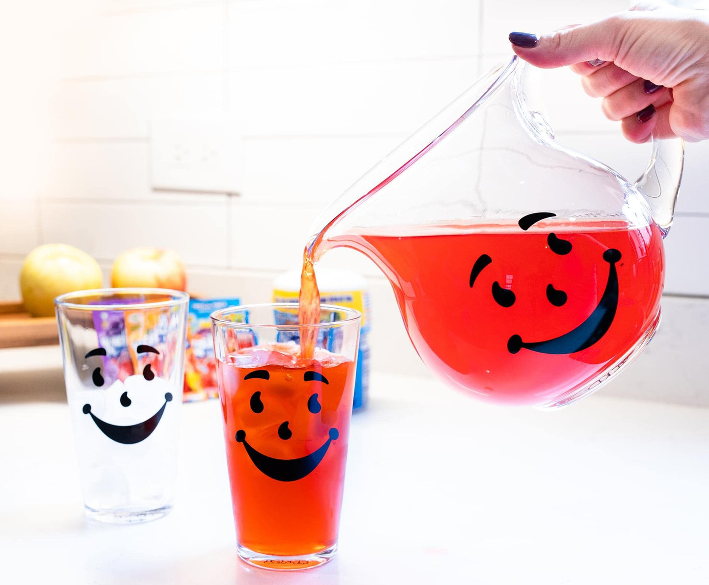 Kool-Aid Man 64-Ounce Glass Pitcher and Two 16-Ounce Pint Glasses | Beverage Dispenser Carafe and Glassware For Water, Juice, Iced Tea, Cocktails | Home & Kitchen Essentials, Nostalgic Gifts