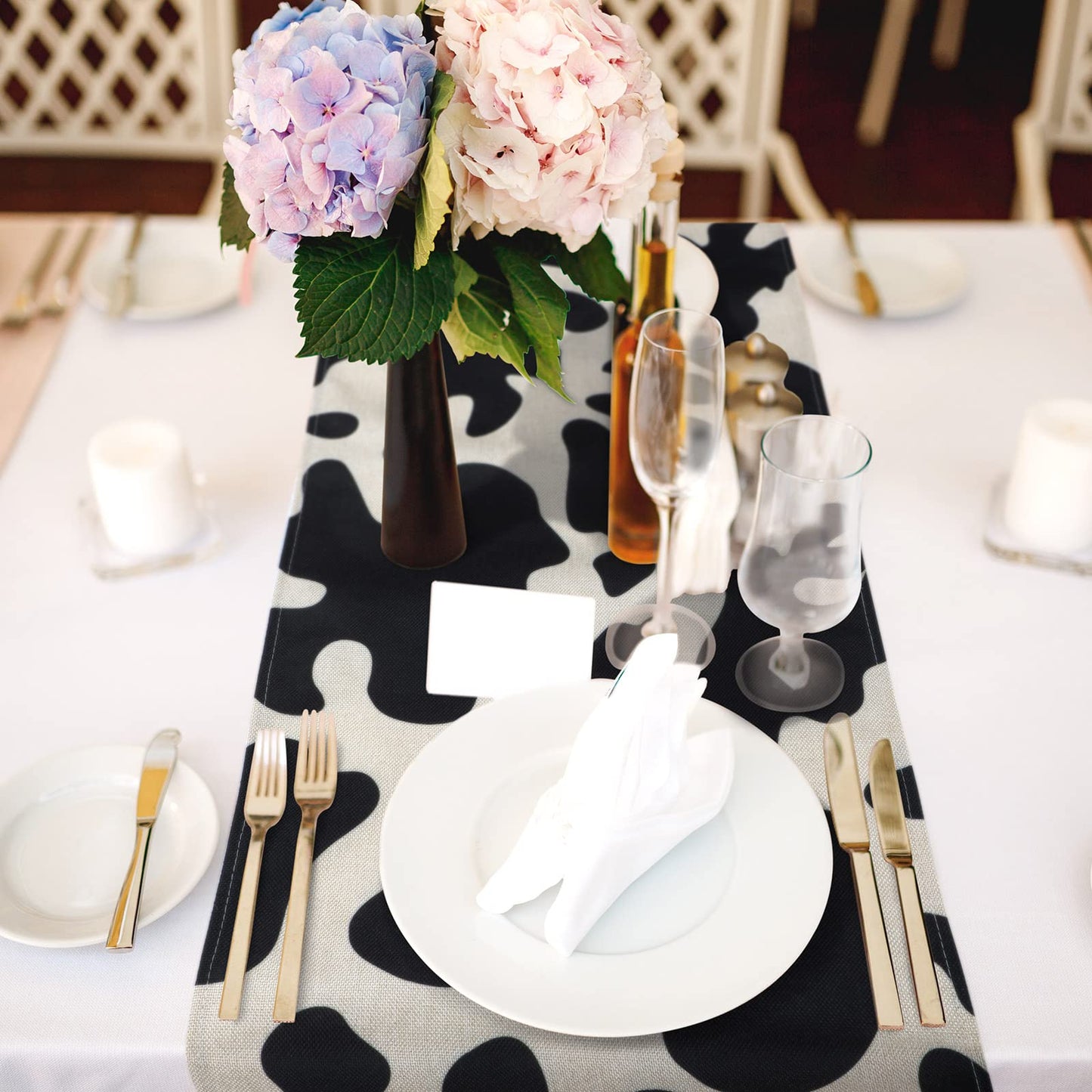 Kingdder 8 Pcs Linen Cow Print Table Runner Farm Black and White Cowhide Tablecloth Cow Print Table Cloths for Parties Kitchen Western Barnyard Cowboy Birthday Home Decorations (13 x 108 in)