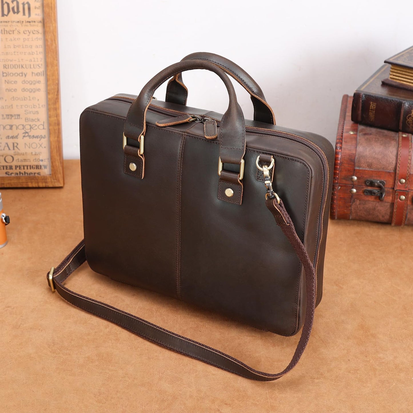Polare Full Grain Leather Bible Cover Carrying Book Case Large Church Bag Crossbody Bible Protective Book Holder Folder Organizer Portfolio for Men