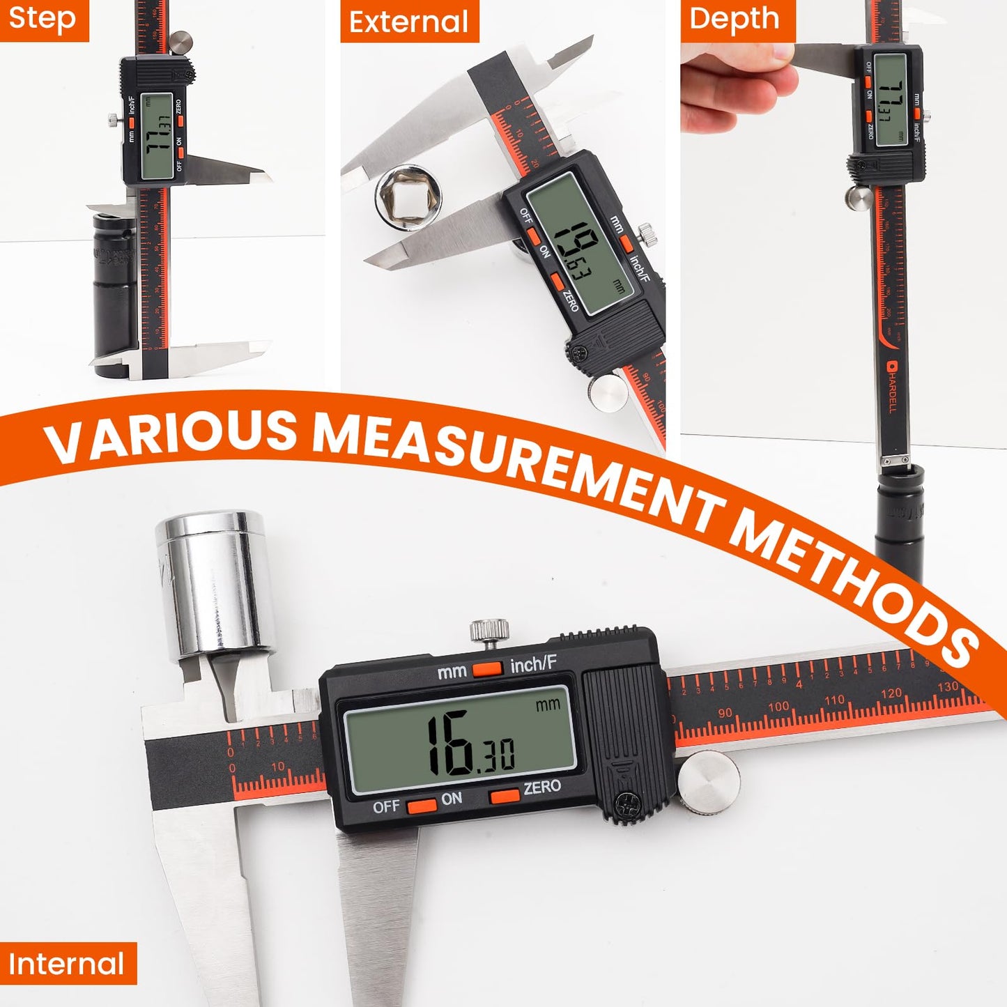 HARDELL Digital Caliper, 0-8 Inch Caliper Measuring Tool with Large LCD Screen, Auto-Off, Inch/Fractions/MM Conversion, Electronic Stainless Steel Micrometer for DIY/Household/3D Printing