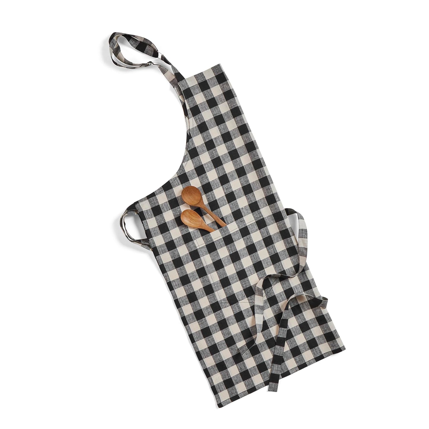 Solino Home Linen Bib Apron for Men & Women - Black and Cream Check Kitchen Apron with Front Pockets - Handcrafted from European Flax
